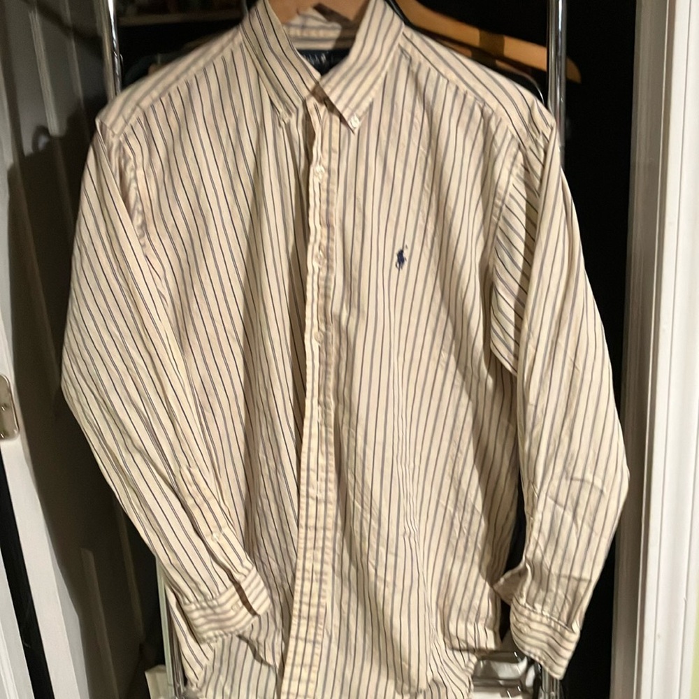 100% cotton tan and navy striped, “Yarmouth”, size 15 32/33